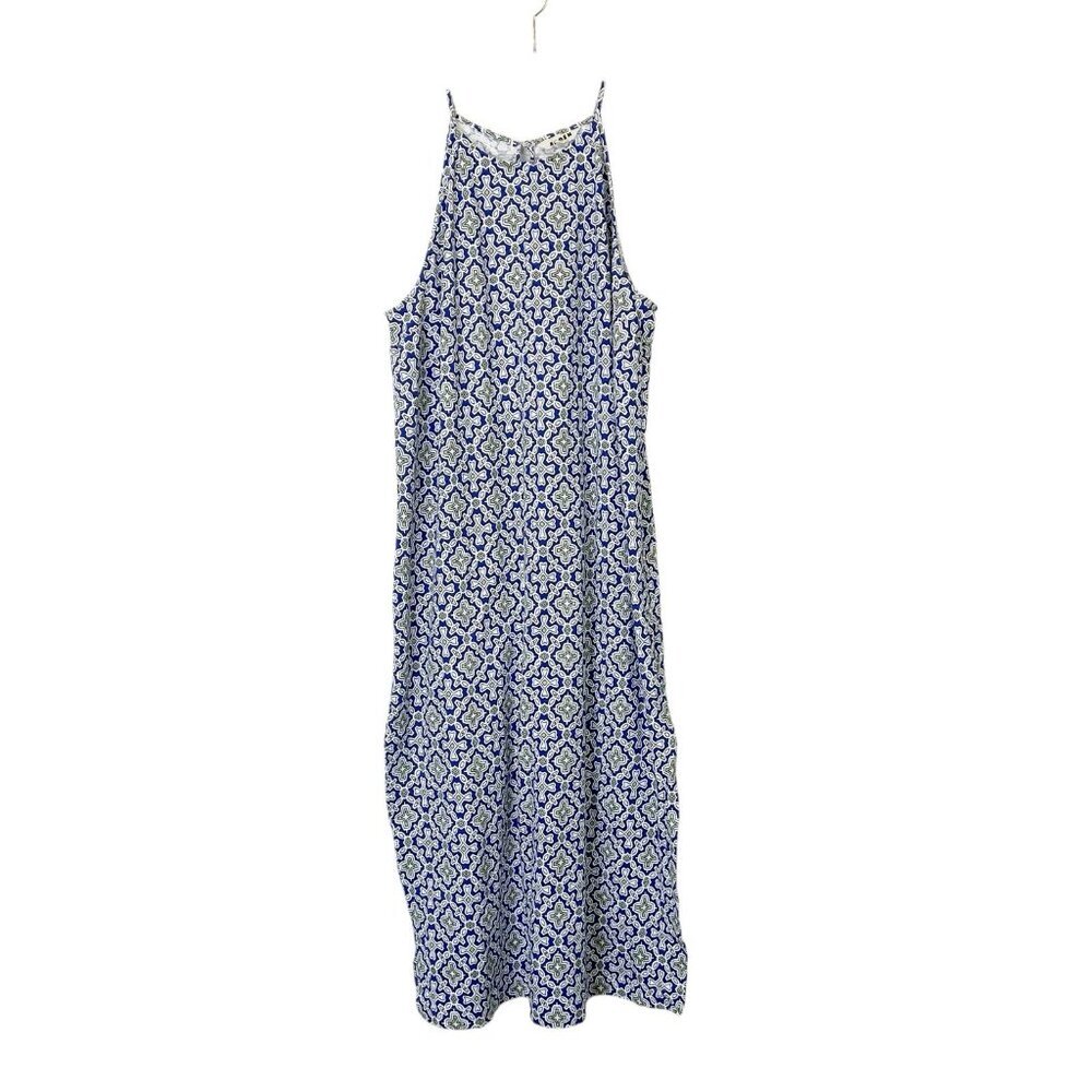Boden‎ Racer Neck Jersey Midi Dress Womens Size 14 Blue Tile Print